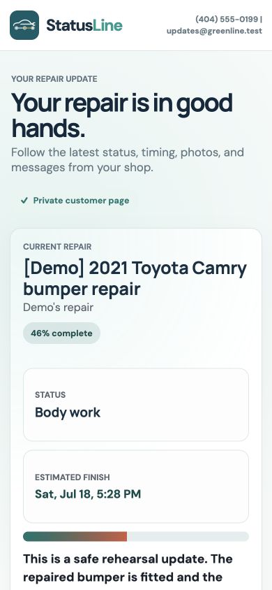 Live mobile StatusLine customer tracking page showing a repair in body work at 46 percent complete with its estimated finish and latest shop update.